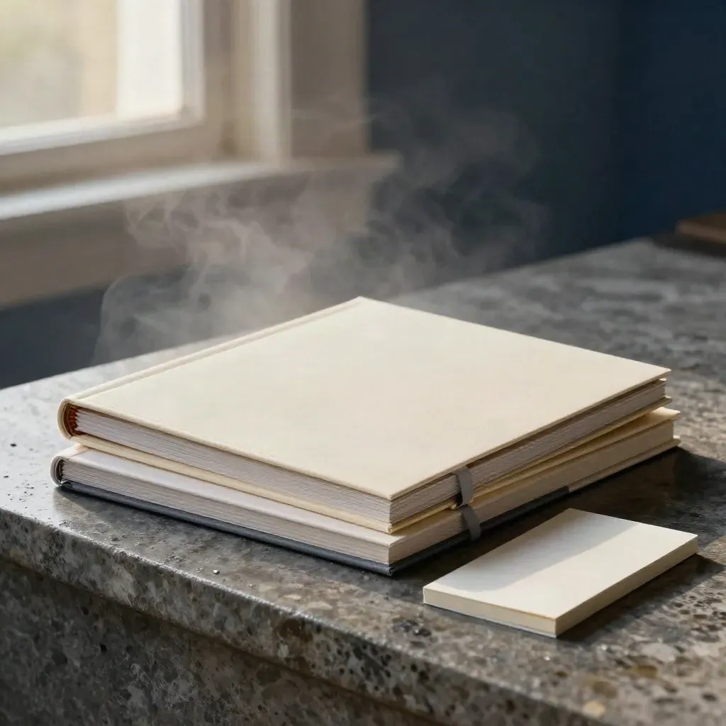 Cream-and-slate market brief pack with booklets and cards on wet stone in soft London light