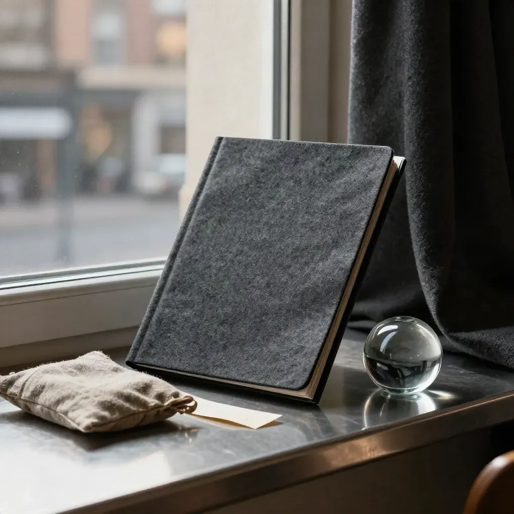 Charcoal fabric scene with a blank listings folder, linen pouch, paper strip and glass weight.