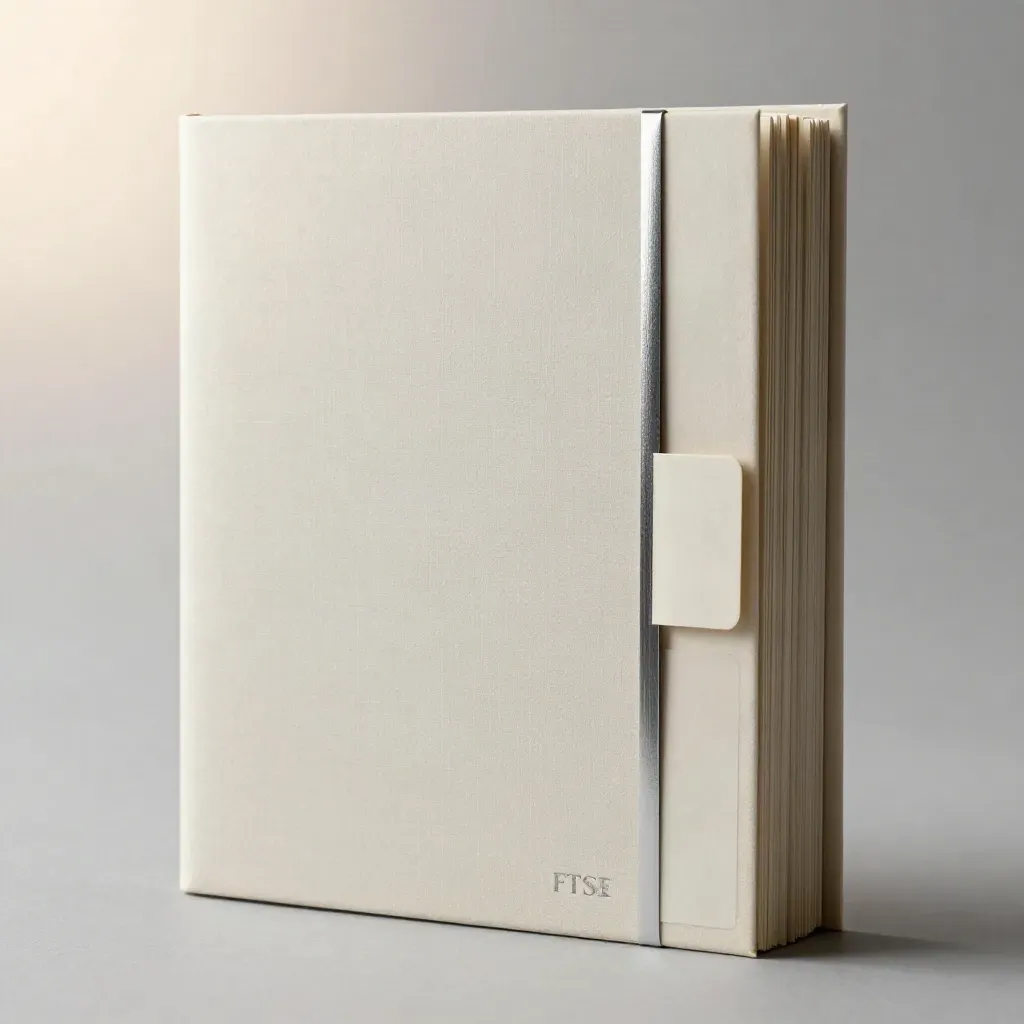 Macro of a sealed market tracker folio with silver edge sheen and two tabs