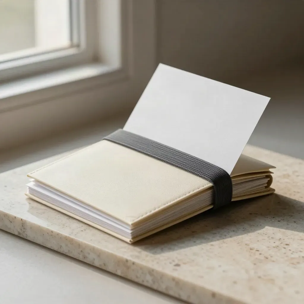 FTSE 250 notes folio with blank inserts and elastic wrap on travertine in soft studio light