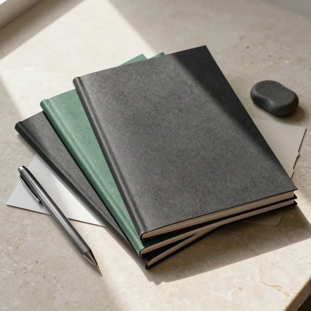 Overhead fan of broker reports, graphite stub and stone paperweight on pale slab.