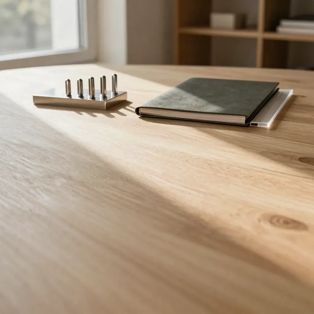 Brushed oak surface with silver market objects in sunlit interior, calm lower space for copy.